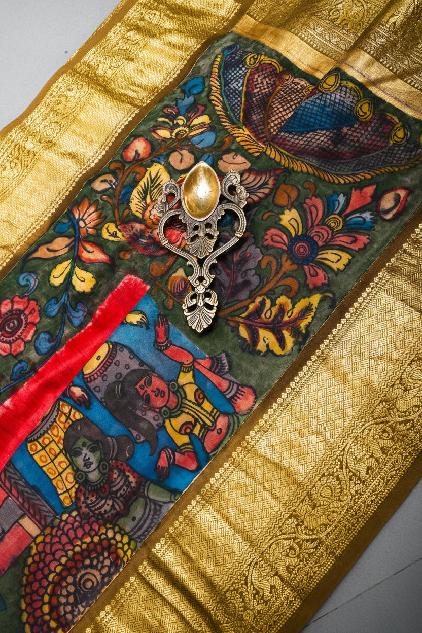 Red Bandhni Design on Pure Kanjivaram Silk Jugalbandi Saree with Pen Kalamkari Panel and Contrast Zari Border | SILK MARK CERTIFIED | SHOBITAM