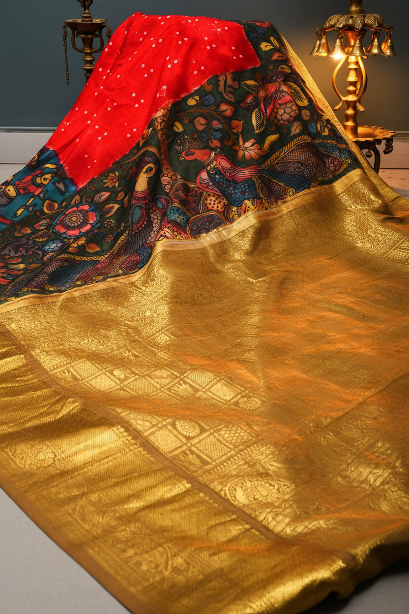 Red Bandhni Design on Pure Kanjivaram Silk Jugalbandi Saree with Pen Kalamkari Panel and Contrast Zari Border | SILK MARK CERTIFIED | SHOBITAM
