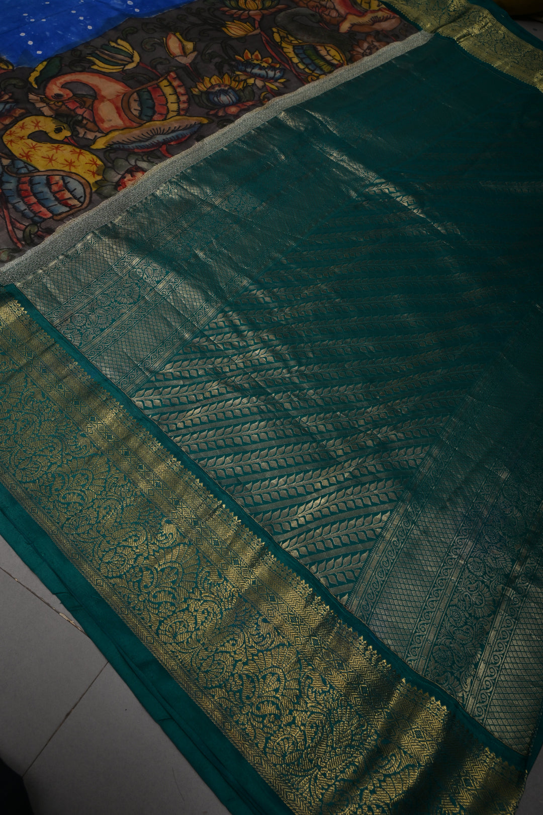 Cobalt Blue Bandhni Design on Pure Kanjivaram Silk Jugalbandi Saree with Pen Kalamkari Panel and Contrast Zari Border | SILK MARK CERTIFIED | SHOBITAM
