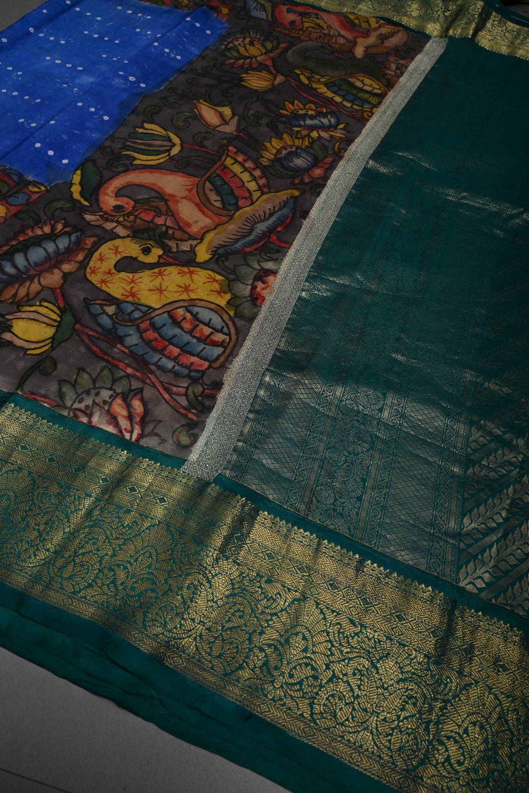 Cobalt Blue Bandhni Design on Pure Kanjivaram Silk Jugalbandi Saree with Pen Kalamkari Panel and Contrast Zari Border | SILK MARK CERTIFIED | SHOBITAM