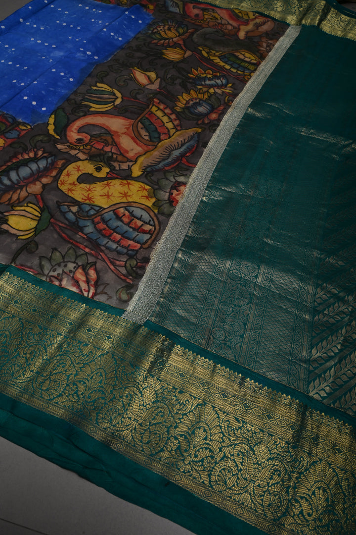 Cobalt Blue Bandhni Design on Pure Kanjivaram Silk Jugalbandi Saree with Pen Kalamkari Panel and Contrast Zari Border | SILK MARK CERTIFIED | SHOBITAM