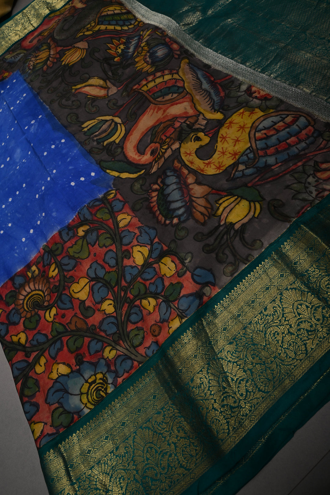 Cobalt Blue Bandhni Design on Pure Kanjivaram Silk Jugalbandi Saree with Pen Kalamkari Panel and Contrast Zari Border | SILK MARK CERTIFIED | SHOBITAM
