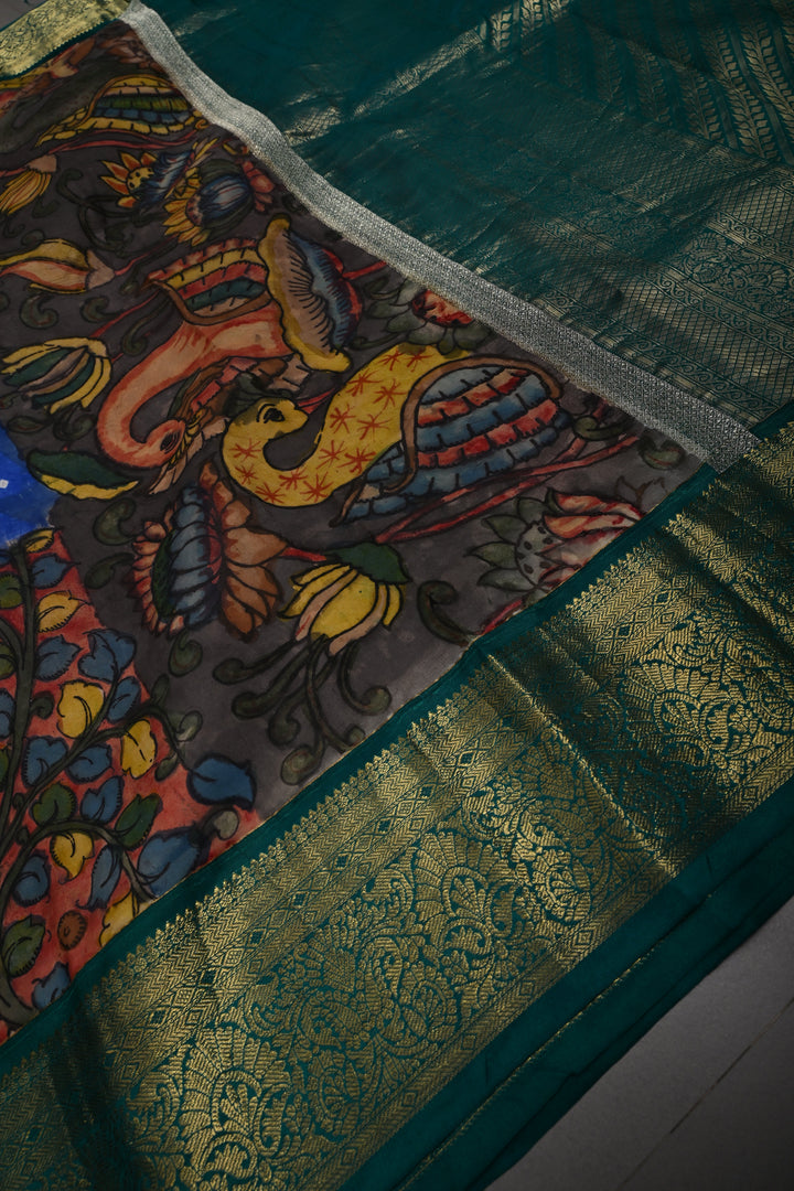 Cobalt Blue Bandhni Design on Pure Kanjivaram Silk Jugalbandi Saree with Pen Kalamkari Panel and Contrast Zari Border | SILK MARK CERTIFIED | SHOBITAM