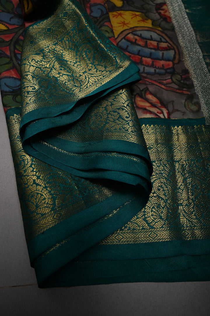 Cobalt Blue Bandhni Design on Pure Kanjivaram Silk Jugalbandi Saree with Pen Kalamkari Panel and Contrast Zari Border | SILK MARK CERTIFIED | SHOBITAM