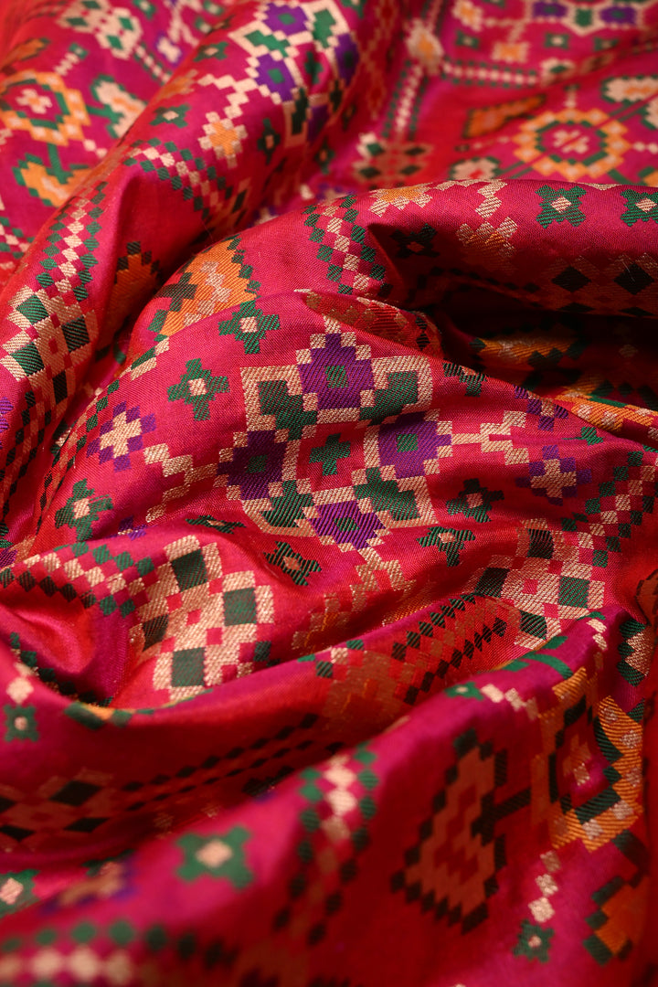 Exquisite Meenakari Banarasi Katan Silk Saree in Hot Pink Dual tone with Geometric Brocade Jaal and Border | SILK MARK CERTIFIED