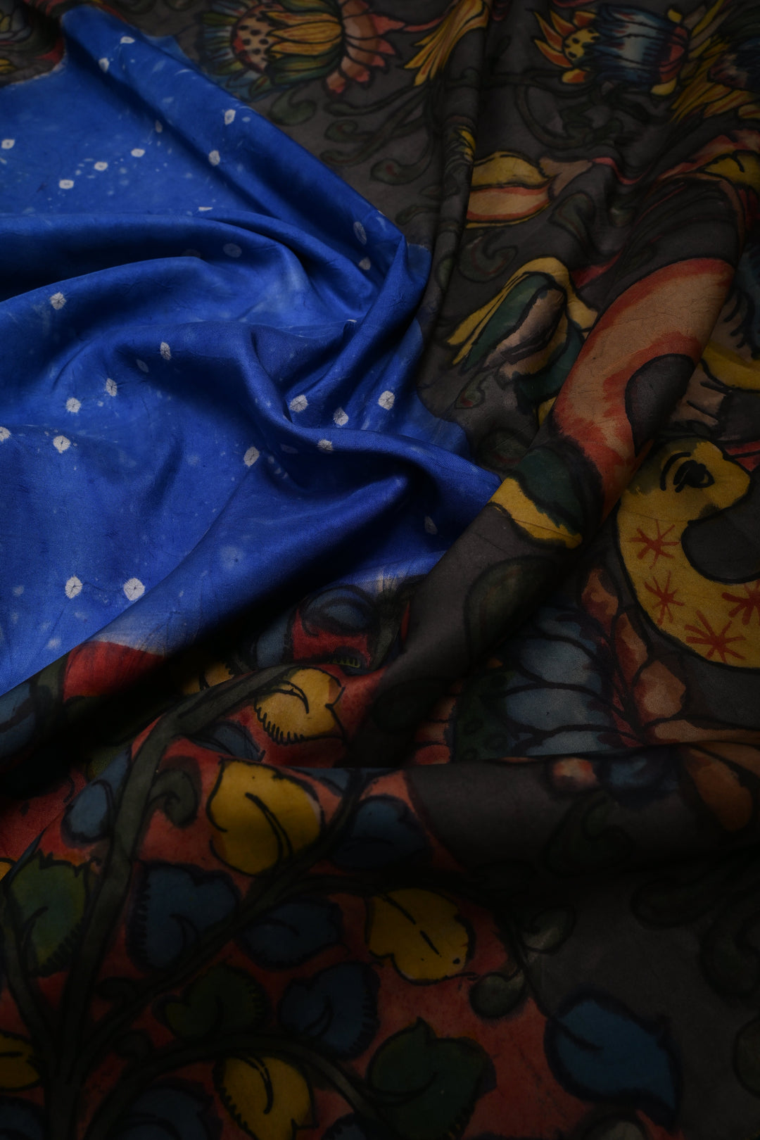Cobalt Blue Bandhni Design on Pure Kanjivaram Silk Jugalbandi Saree with Pen Kalamkari Panel and Contrast Zari Border | SILK MARK CERTIFIED | SHOBITAM