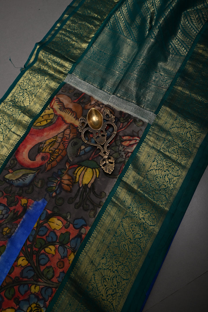 Cobalt Blue Bandhni Design on Pure Kanjivaram Silk Jugalbandi Saree with Pen Kalamkari Panel and Contrast Zari Border | SILK MARK CERTIFIED | SHOBITAM