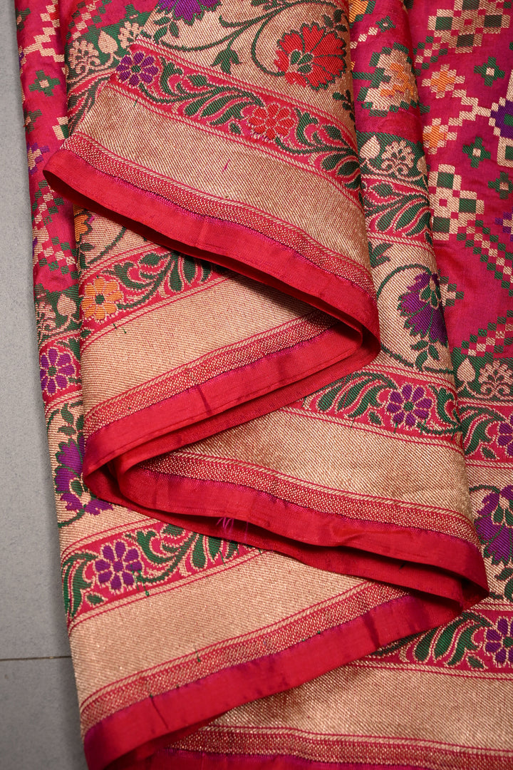 Exquisite Meenakari Banarasi Katan Silk Saree in Hot Pink Dual tone with Geometric Brocade Jaal and Border | SILK MARK CERTIFIED