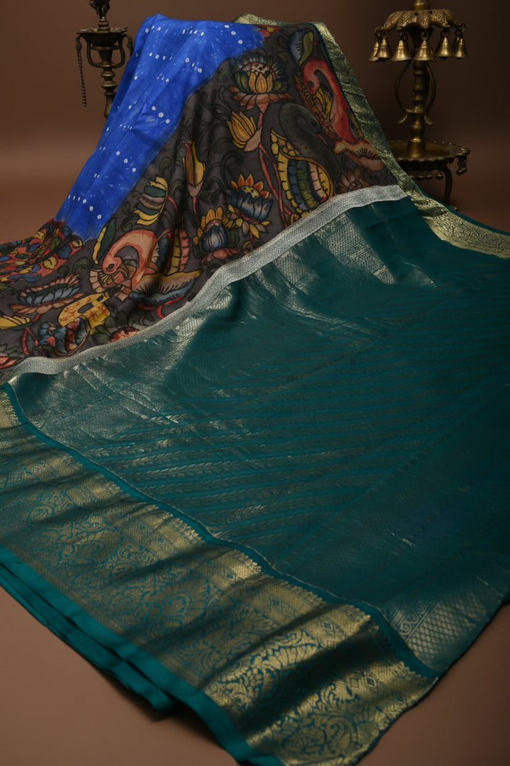 Cobalt Blue Bandhni Design on Pure Kanjivaram Silk Jugalbandi Saree with Pen Kalamkari Panel and Contrast Zari Border | SILK MARK CERTIFIED | SHOBITAM