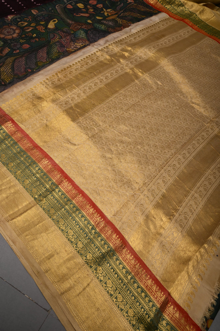 Coffee Brown Bandhni Design on Pure Kanjivaram Silk Jugalbandi Saree with Pen Kalamkari Panel and 3 tone Contrast Zari Border | SILK MARK CERTIFIED | SHOBITAM
