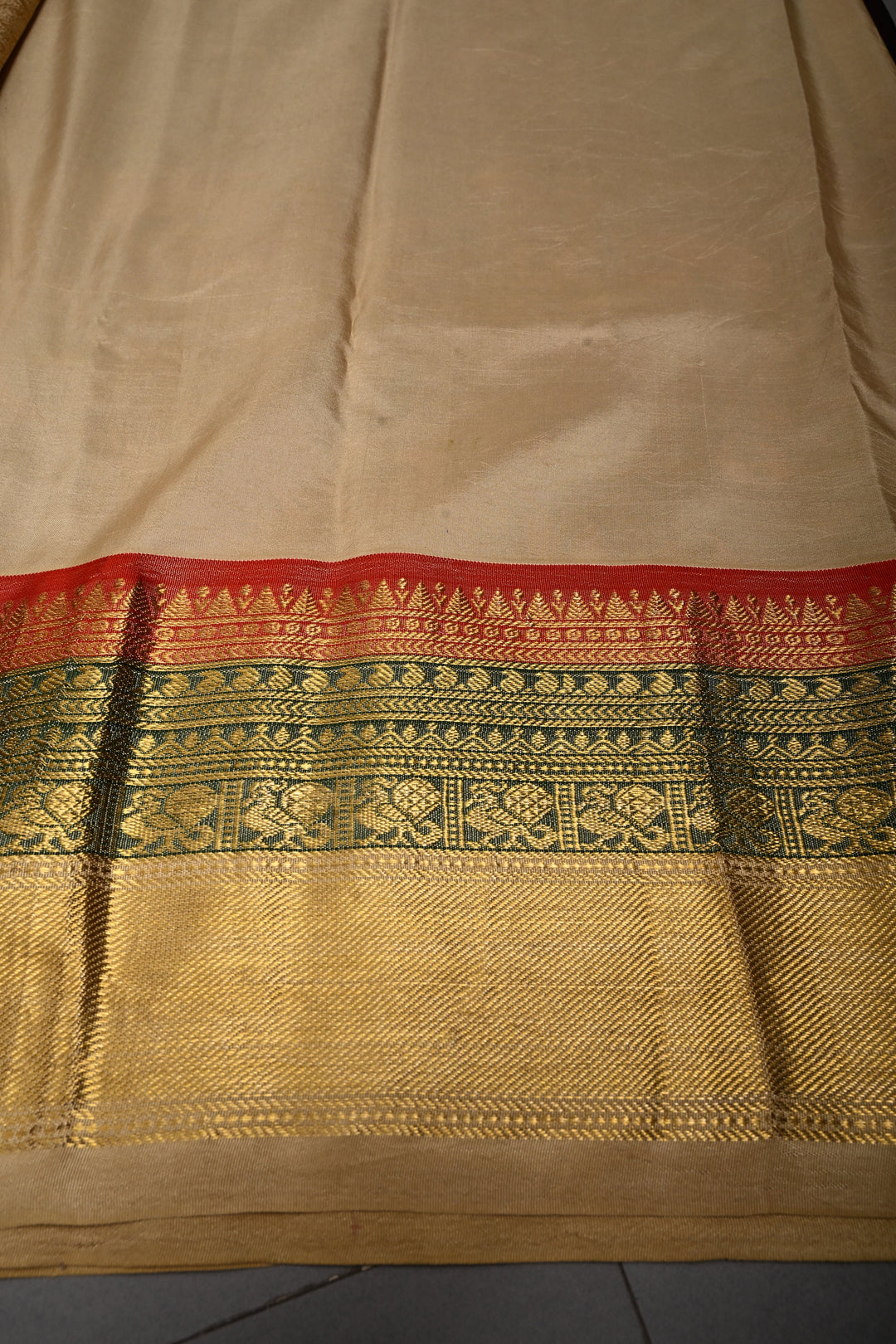 Coffee Brown Bandhni Design on Pure Kanjivaram Silk Jugalbandi Saree with Pen Kalamkari Panel and 3 tone Contrast Zari Border | SILK MARK CERTIFIED | SHOBITAM