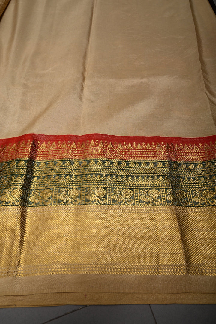 Coffee Brown Bandhni Design on Pure Kanjivaram Silk Jugalbandi Saree with Pen Kalamkari Panel and 3 tone Contrast Zari Border | SILK MARK CERTIFIED | SHOBITAM