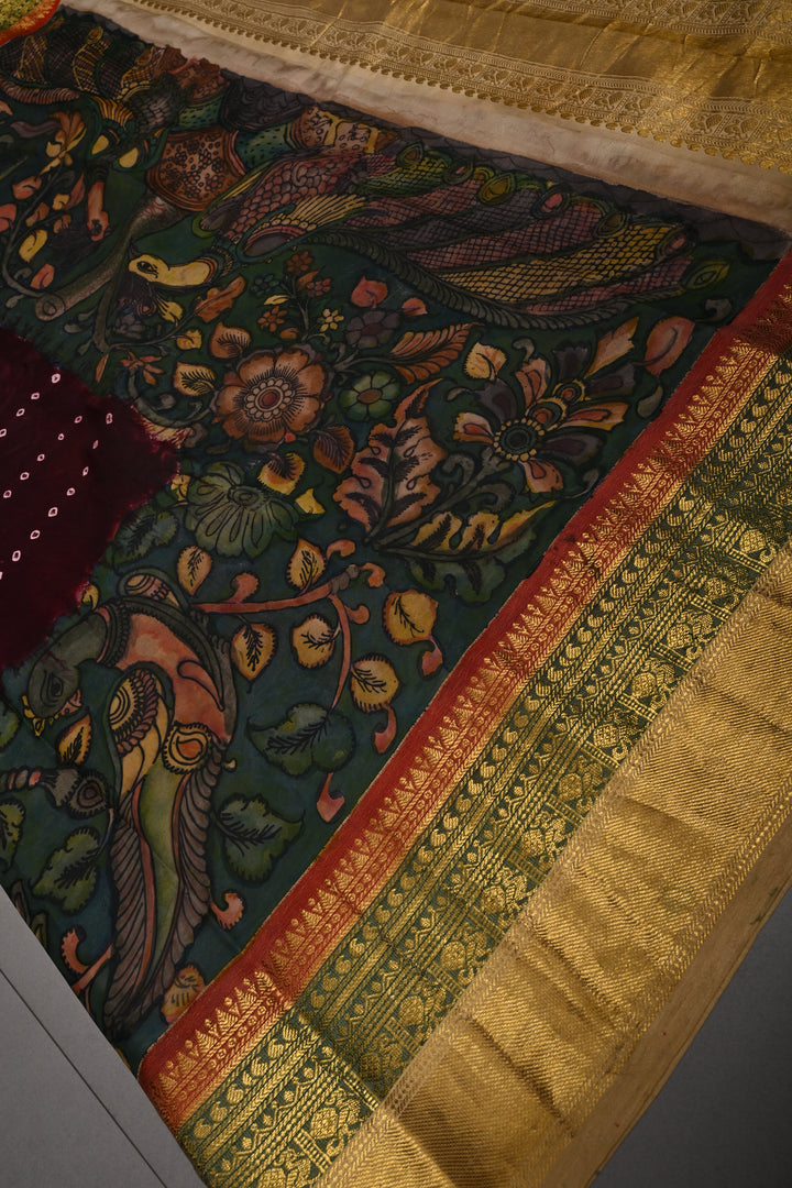 Coffee Brown Bandhni Design on Pure Kanjivaram Silk Jugalbandi Saree with Pen Kalamkari Panel and 3 tone Contrast Zari Border | SILK MARK CERTIFIED | SHOBITAM