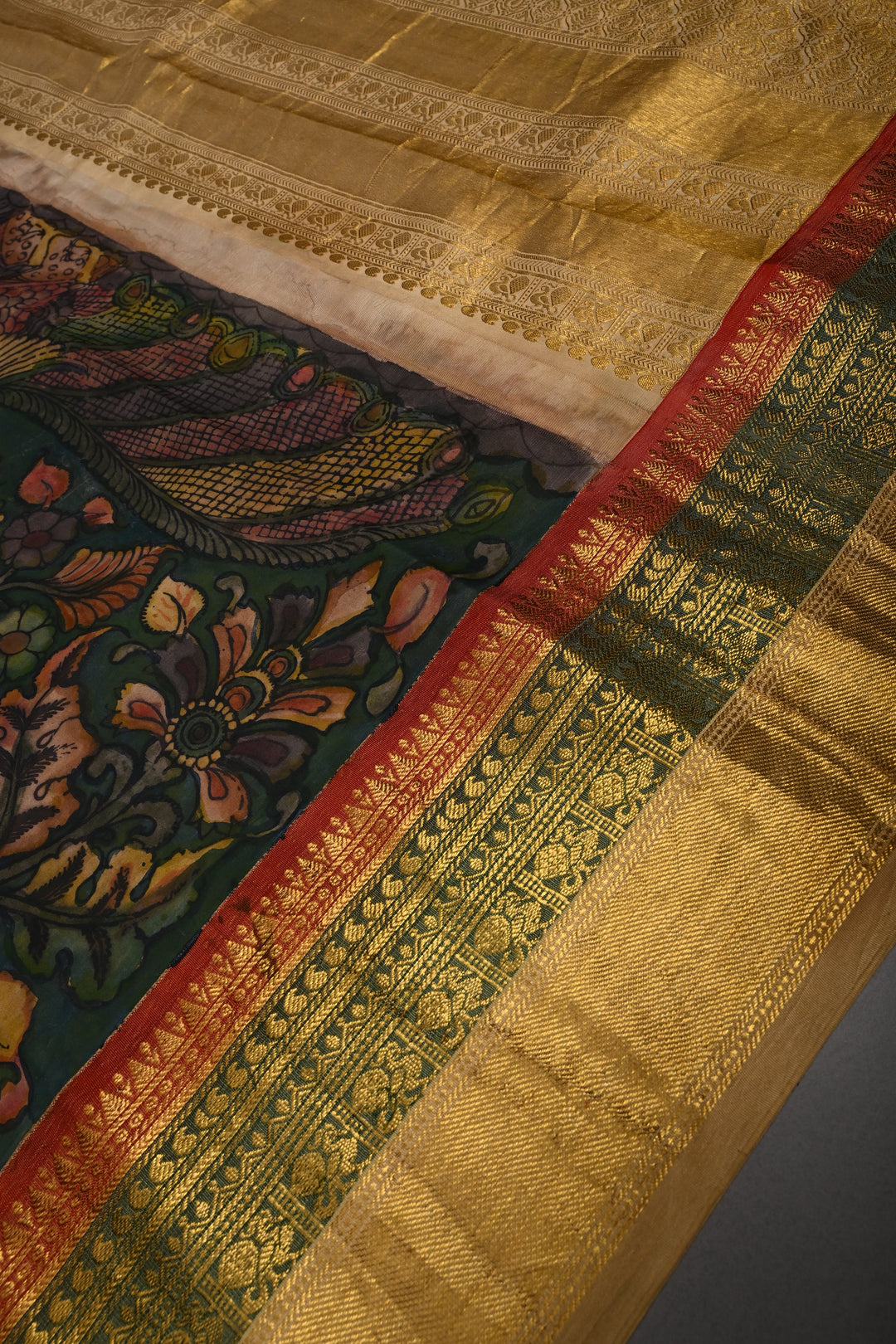 Coffee Brown Bandhni Design on Pure Kanjivaram Silk Jugalbandi Saree with Pen Kalamkari Panel and 3 tone Contrast Zari Border | SILK MARK CERTIFIED | SHOBITAM