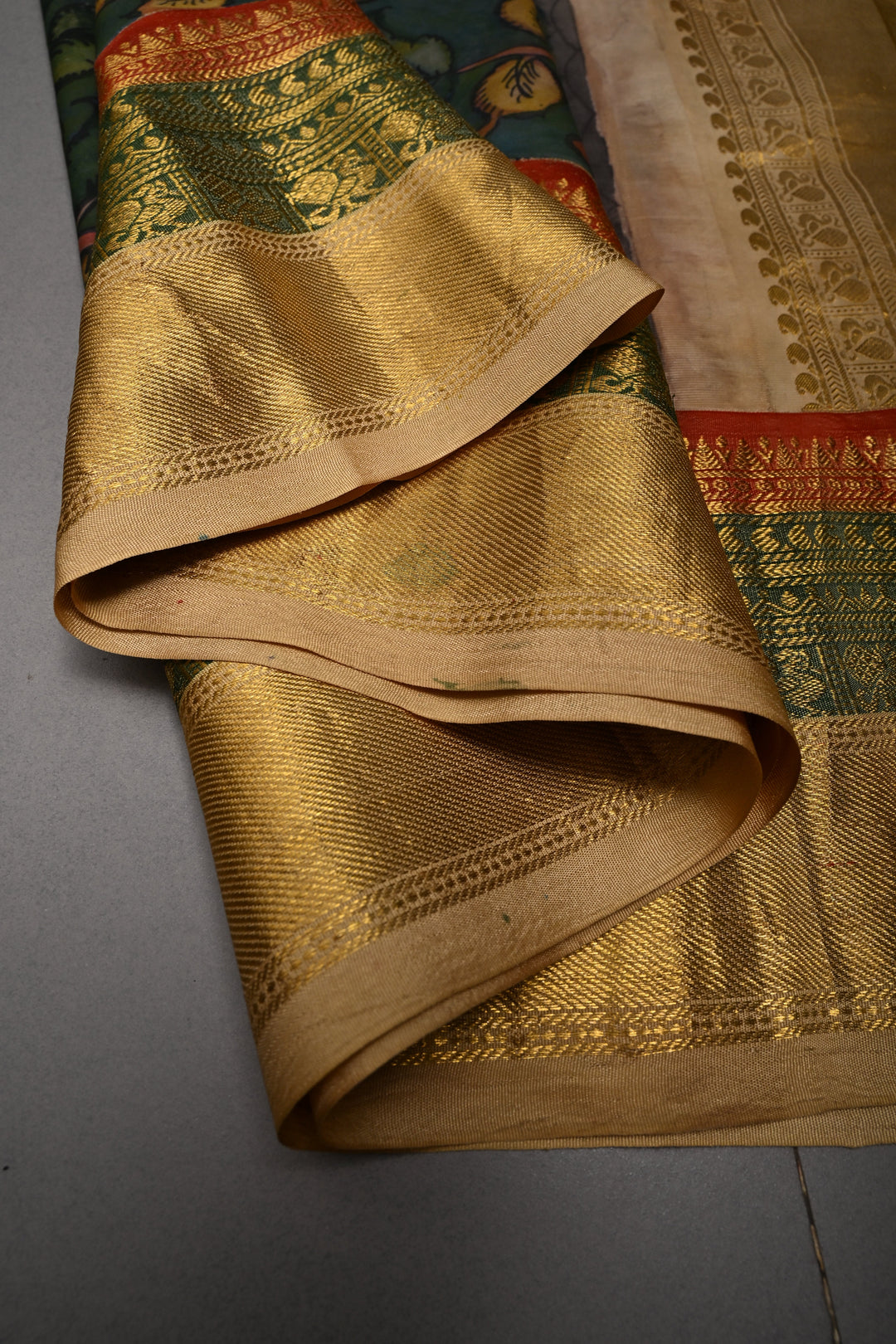 Coffee Brown Bandhni Design on Pure Kanjivaram Silk Jugalbandi Saree with Pen Kalamkari Panel and 3 tone Contrast Zari Border | SILK MARK CERTIFIED | SHOBITAM