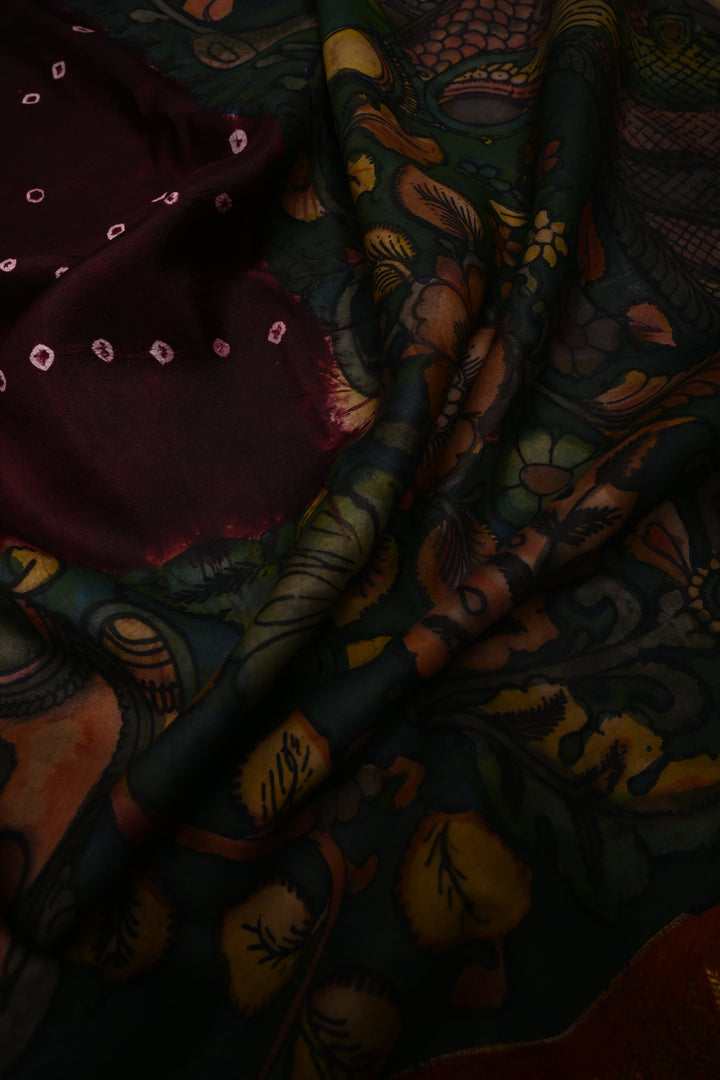Coffee Brown Bandhni Design on Pure Kanjivaram Silk Jugalbandi Saree with Pen Kalamkari Panel and 3 tone Contrast Zari Border | SILK MARK CERTIFIED | SHOBITAM