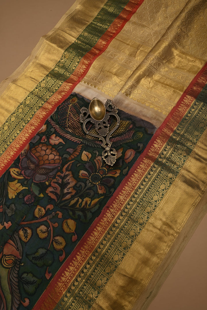 Coffee Brown Bandhni Design on Pure Kanjivaram Silk Jugalbandi Saree with Pen Kalamkari Panel and 3 tone Contrast Zari Border | SILK MARK CERTIFIED | SHOBITAM