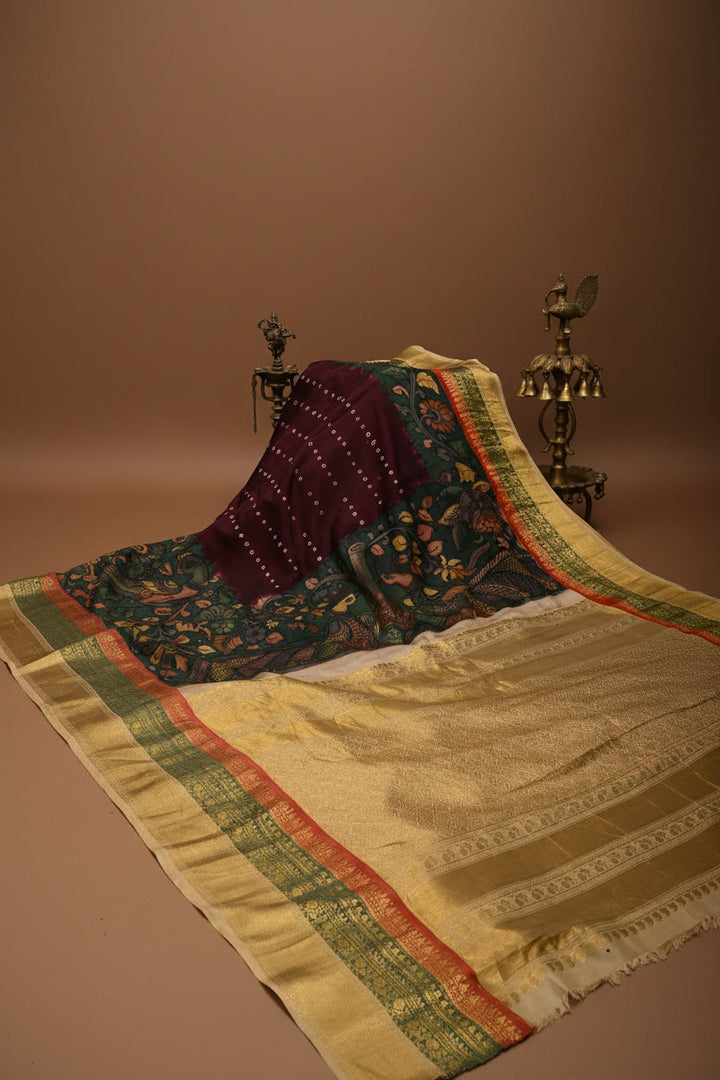 Coffee Brown Bandhni Design on Pure Kanjivaram Silk Jugalbandi Saree with Pen Kalamkari Panel and 3 tone Contrast Zari Border | SILK MARK CERTIFIED | SHOBITAM