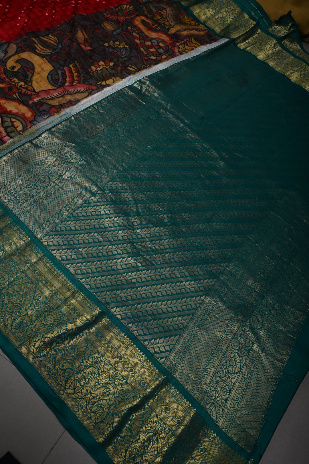 Brick Red Bandhni Design on Pure Kanjivaram Silk Jugalbandi Saree with Pen Kalamkari Panel and Contrast Zari Border | SILK MARK CERTIFIED | SHOBITAM