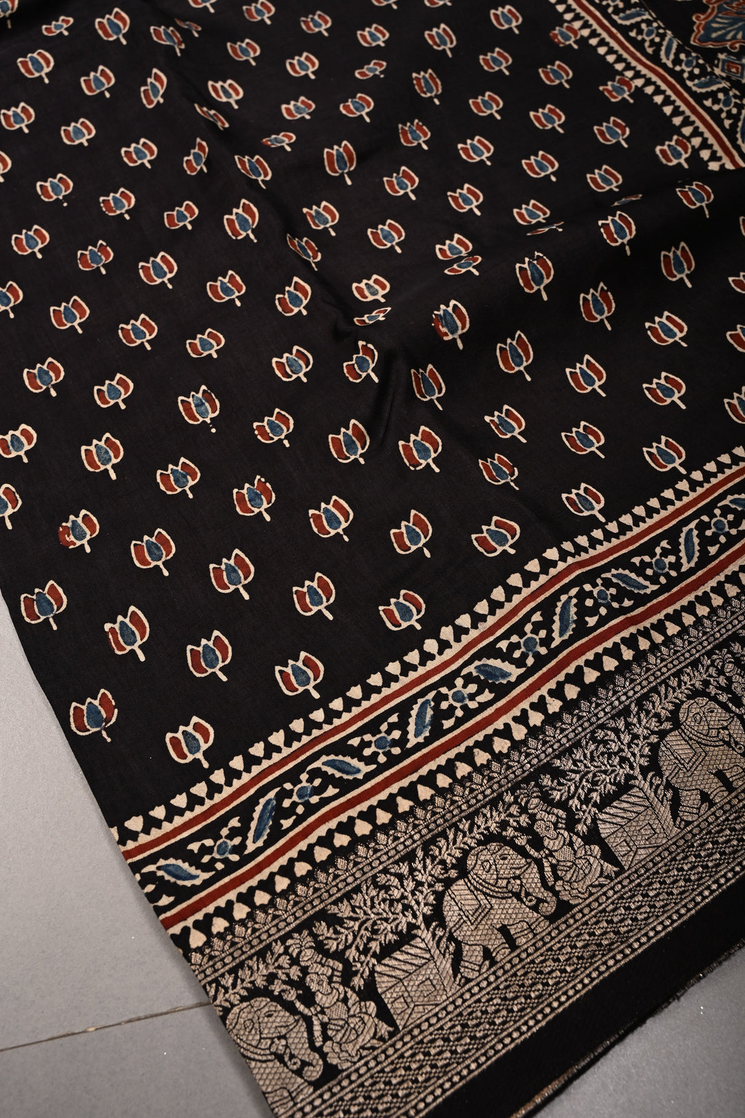 Black Ajrakh Hand Block Print on Dola Silk Saree with Fancy Zari Border | SHOBITAM