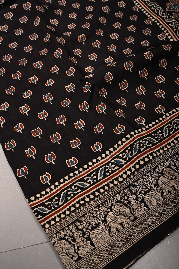 Black Ajrakh Hand Block Print on Dola Silk Saree with Fancy Zari Border | SHOBITAM