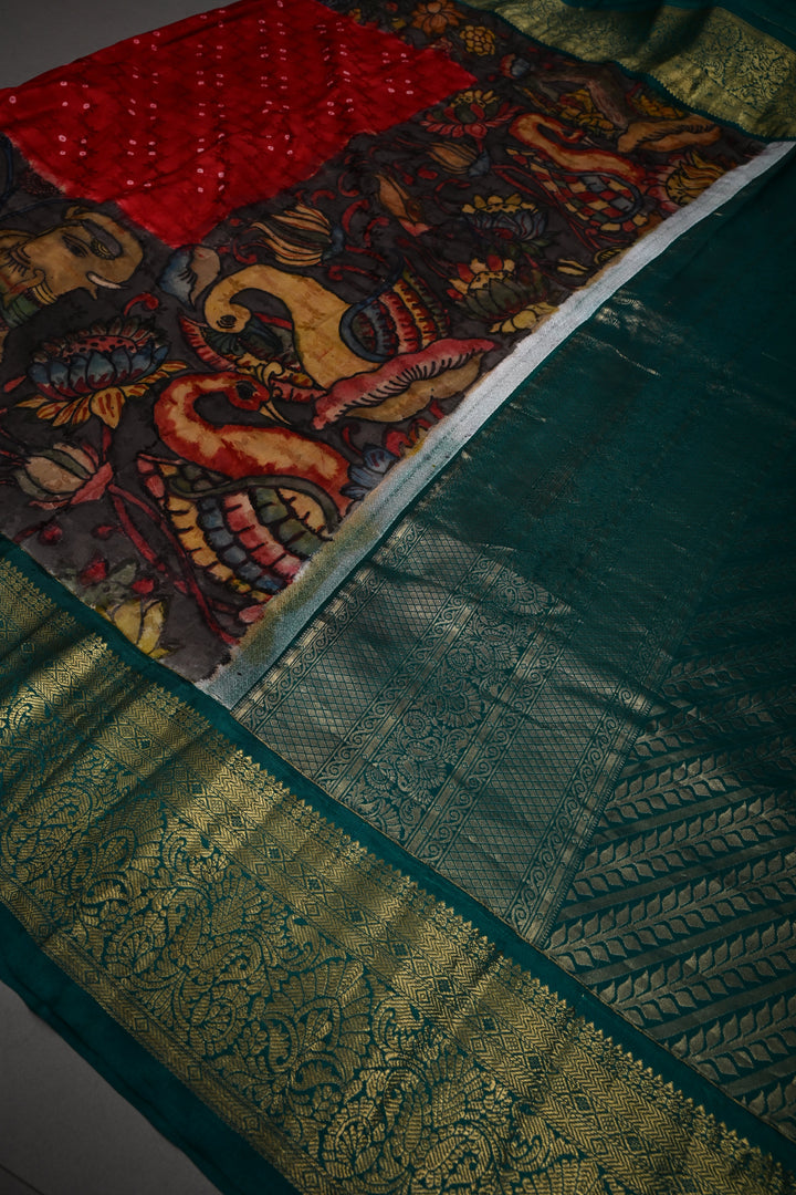 Brick Red Bandhni Design on Pure Kanjivaram Silk Jugalbandi Saree with Pen Kalamkari Panel and Contrast Zari Border | SILK MARK CERTIFIED | SHOBITAM