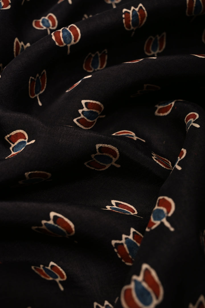 Black Ajrakh Hand Block Print on Dola Silk Saree with Fancy Zari Border | SHOBITAM
