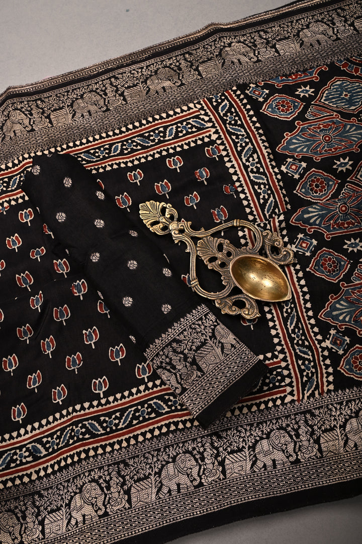 Black Ajrakh Hand Block Print on Dola Silk Saree with Fancy Zari Border | SHOBITAM