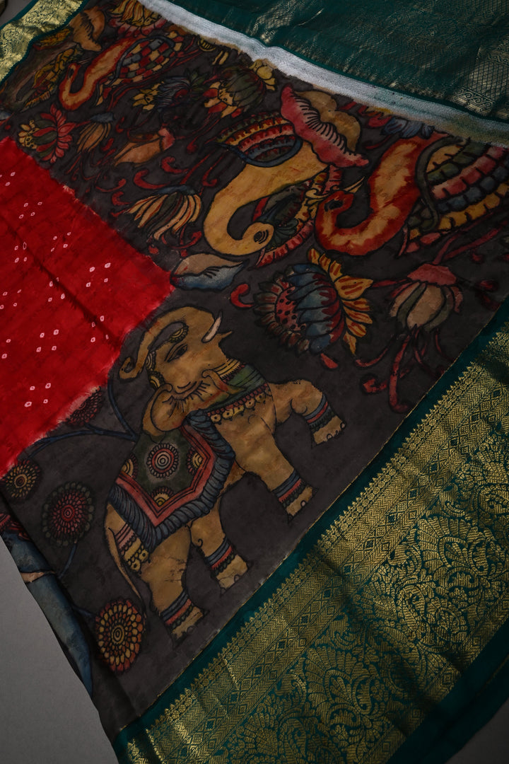 Brick Red Bandhni Design on Pure Kanjivaram Silk Jugalbandi Saree with Pen Kalamkari Panel and Contrast Zari Border | SILK MARK CERTIFIED | SHOBITAM