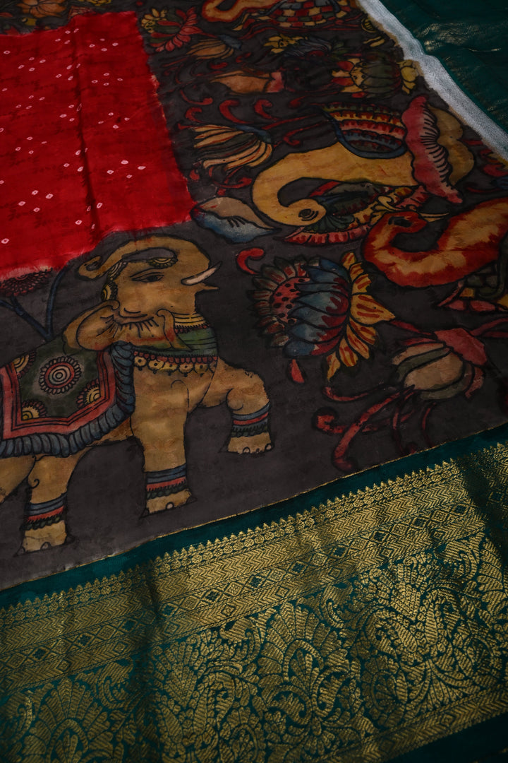 Brick Red Bandhni Design on Pure Kanjivaram Silk Jugalbandi Saree with Pen Kalamkari Panel and Contrast Zari Border | SILK MARK CERTIFIED | SHOBITAM