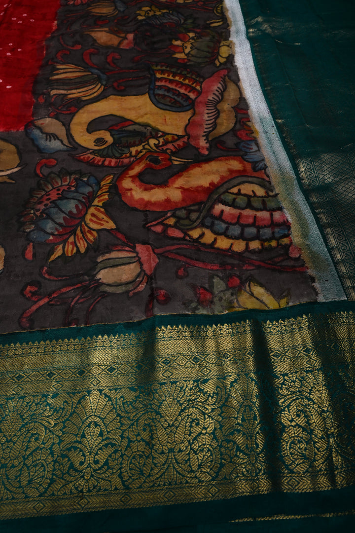 Brick Red Bandhni Design on Pure Kanjivaram Silk Jugalbandi Saree with Pen Kalamkari Panel and Contrast Zari Border | SILK MARK CERTIFIED | SHOBITAM