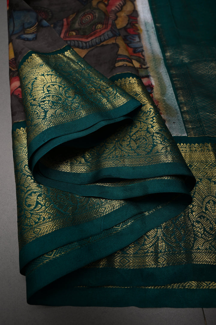 Brick Red Bandhni Design on Pure Kanjivaram Silk Jugalbandi Saree with Pen Kalamkari Panel and Contrast Zari Border | SILK MARK CERTIFIED | SHOBITAM