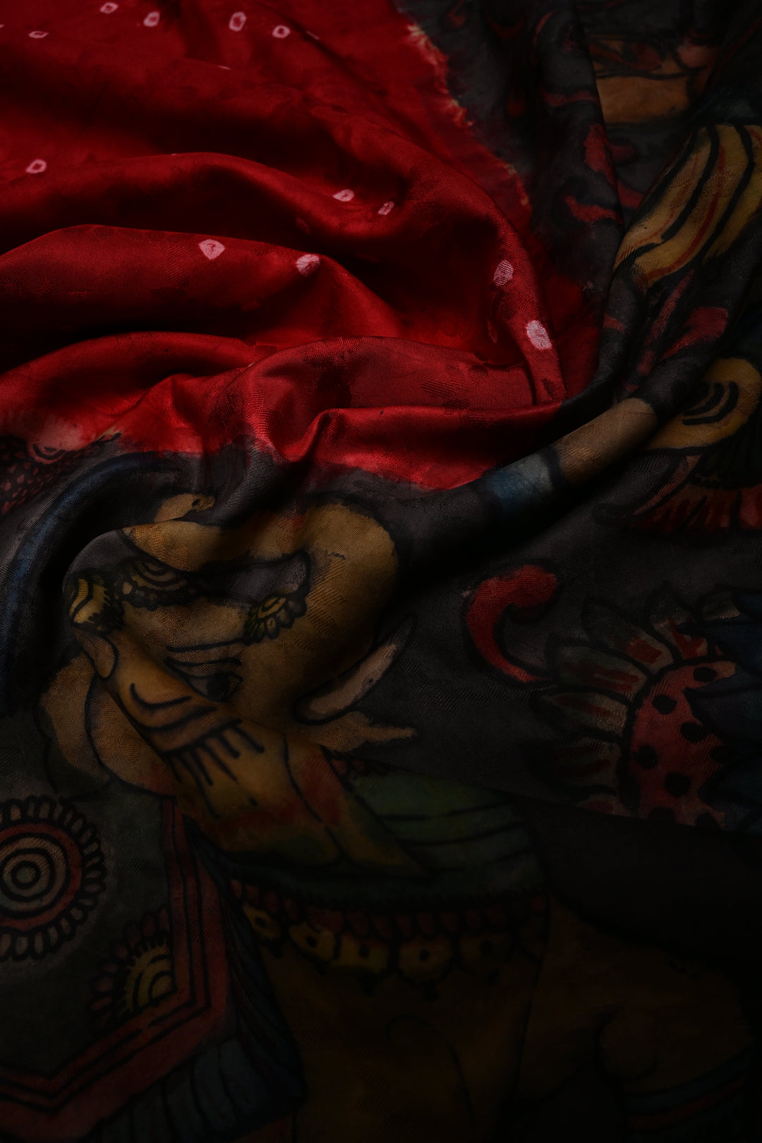 Brick Red Bandhni Design on Pure Kanjivaram Silk Jugalbandi Saree with Pen Kalamkari Panel and Contrast Zari Border | SILK MARK CERTIFIED | SHOBITAM