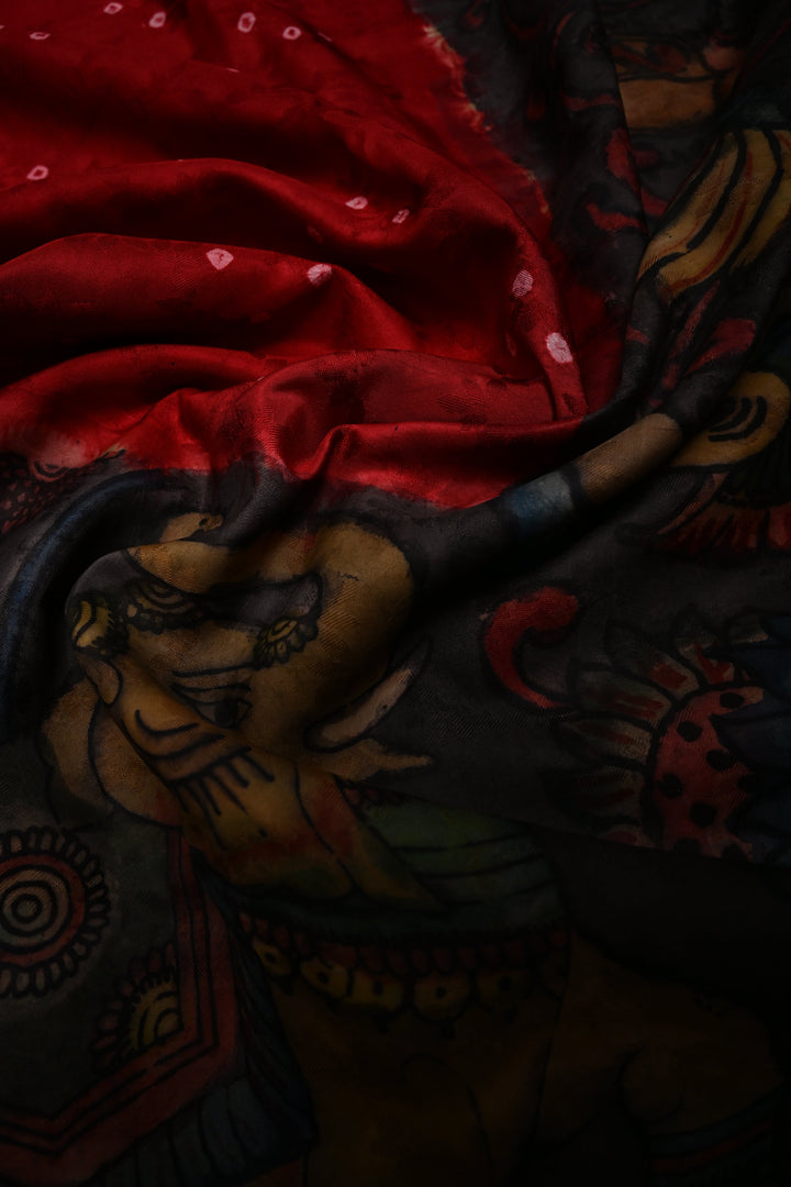 Brick Red Bandhni Design on Pure Kanjivaram Silk Jugalbandi Saree with Pen Kalamkari Panel and Contrast Zari Border | SILK MARK CERTIFIED | SHOBITAM