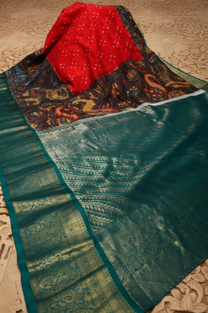 Brick Red Bandhni Design on Pure Kanjivaram Silk Jugalbandi Saree with Pen Kalamkari Panel and Contrast Zari Border | SILK MARK CERTIFIED | SHOBITAM