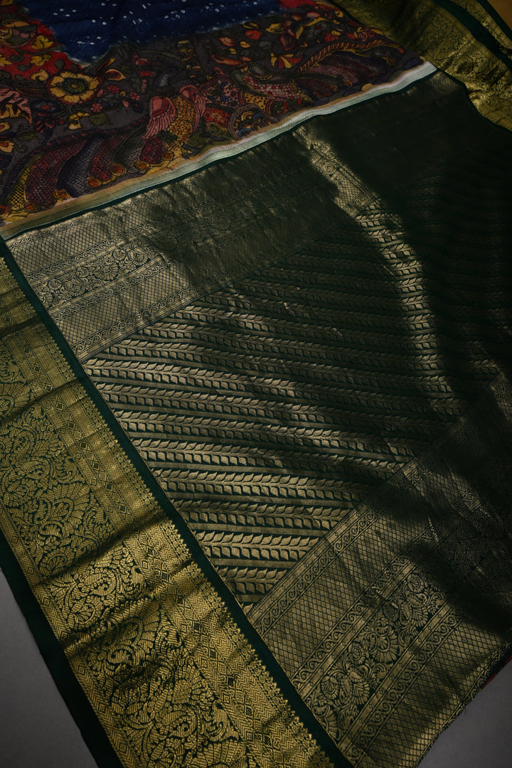 Navy Blue Jacquard Weave Self Brocade on Pure Kanjivaram Silk Saree with Kalamkari Handpainted  Panel and Fushion Contrast Zari Border | SILK MARK CERTIFIED | SHOBITAM