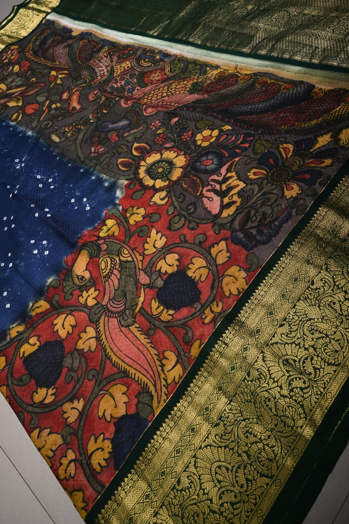 Navy Blue Jacquard Weave Self Brocade on Pure Kanjivaram Silk Saree with Kalamkari Handpainted  Panel and Fushion Contrast Zari Border | SILK MARK CERTIFIED | SHOBITAM
