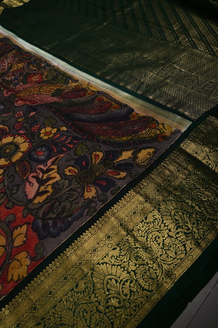 Navy Blue Jacquard Weave Self Brocade on Pure Kanjivaram Silk Saree with Kalamkari Handpainted  Panel and Fushion Contrast Zari Border | SILK MARK CERTIFIED | SHOBITAM