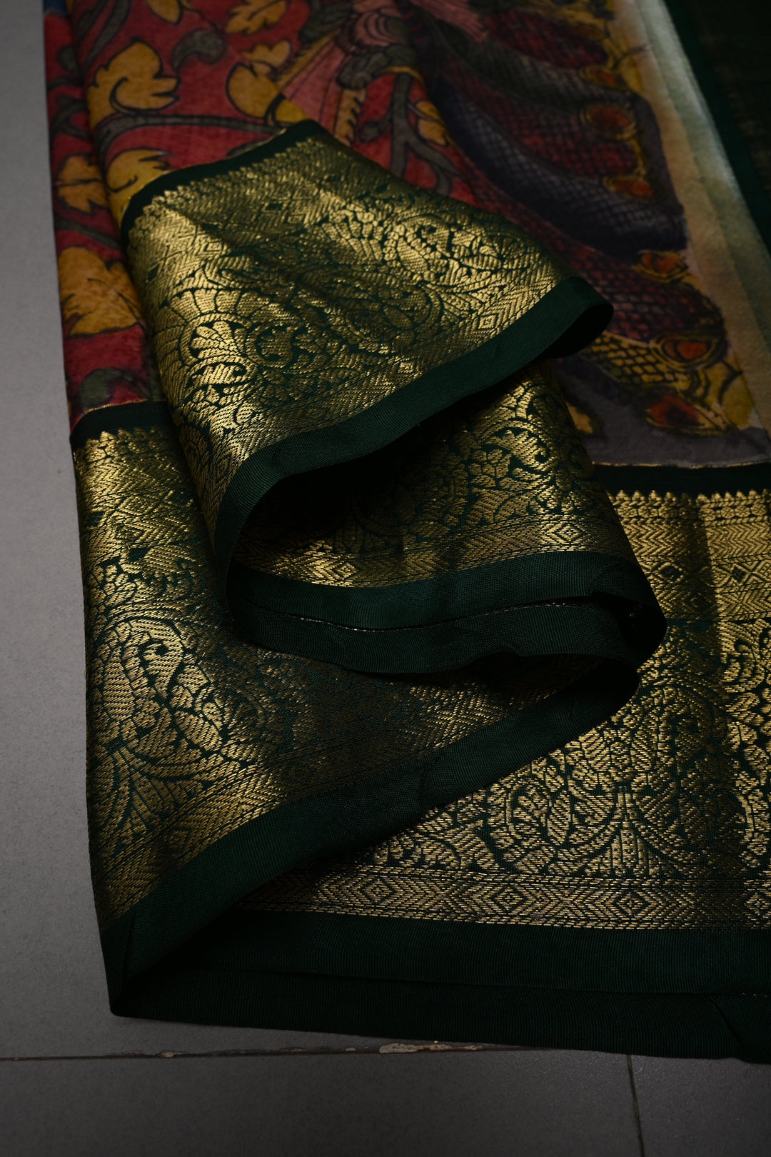 Navy Blue Jacquard Weave Self Brocade on Pure Kanjivaram Silk Saree with Kalamkari Handpainted  Panel and Fushion Contrast Zari Border | SILK MARK CERTIFIED | SHOBITAM