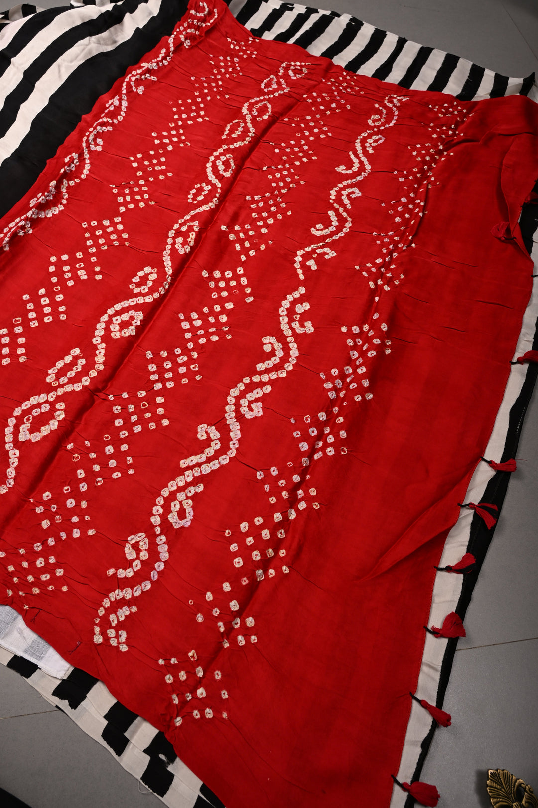 Black-White Ajrakh Hand Block Print on Modal Silk Saree with Vertical Stripes Pattern and Bandhni Pallu | SHOBITAM