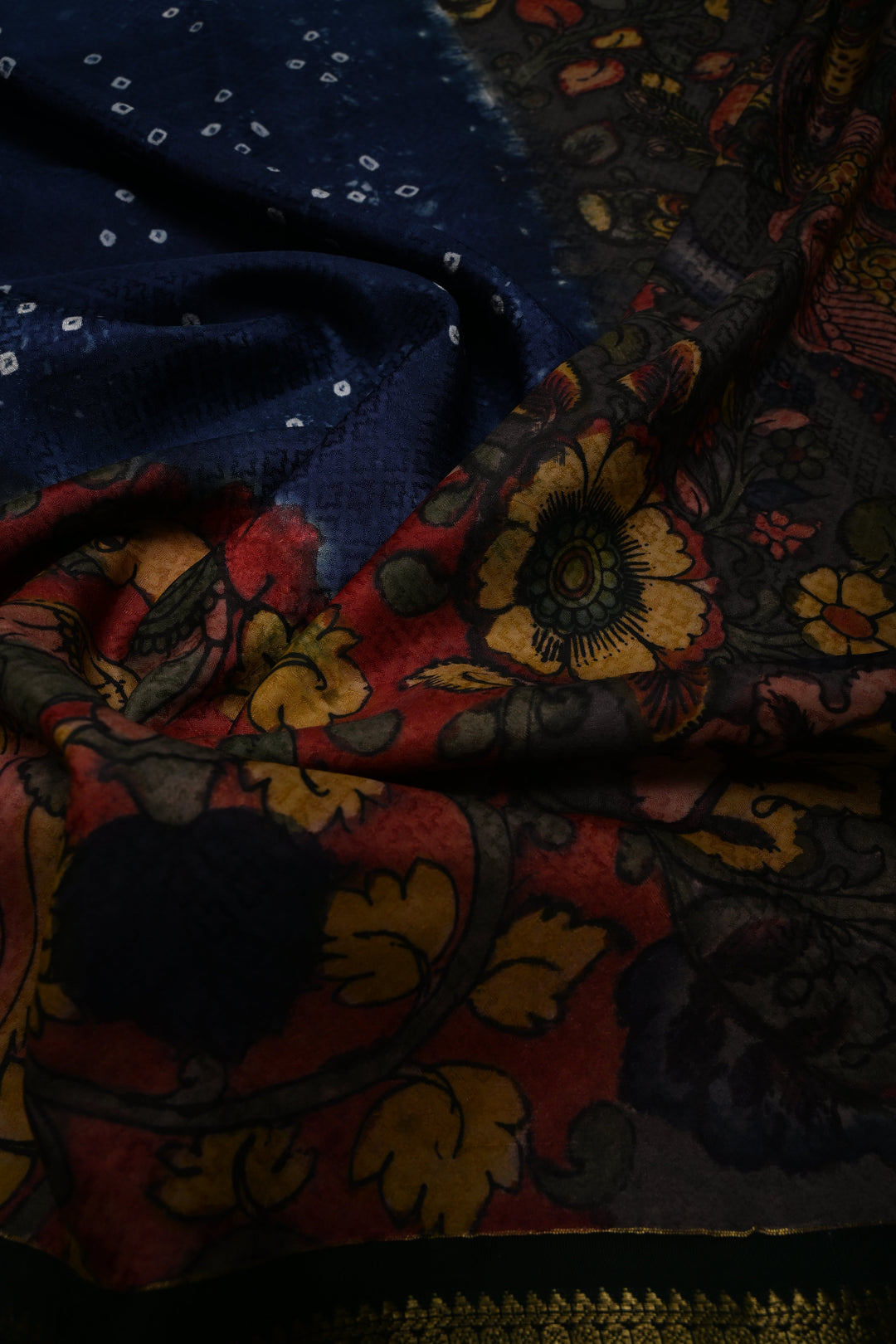 Navy Blue Jacquard Weave Self Brocade on Pure Kanjivaram Silk Saree with Kalamkari Handpainted  Panel and Fushion Contrast Zari Border | SILK MARK CERTIFIED | SHOBITAM