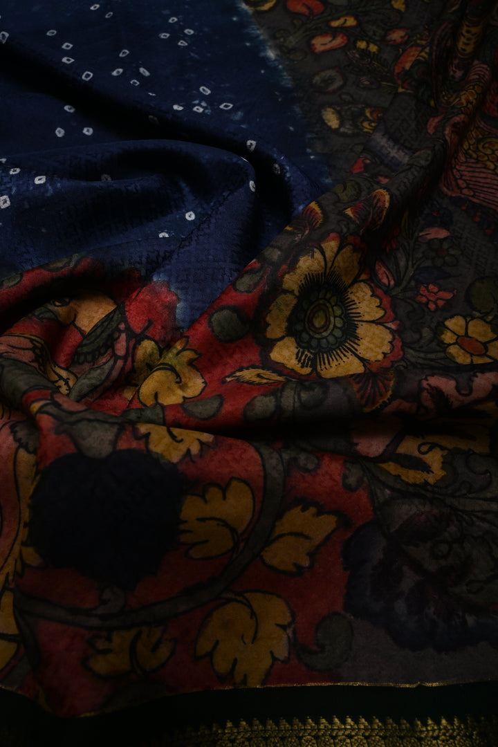 Navy Blue Jacquard Weave Self Brocade on Pure Kanjivaram Silk Saree with Kalamkari Handpainted  Panel and Fushion Contrast Zari Border | SILK MARK CERTIFIED | SHOBITAM
