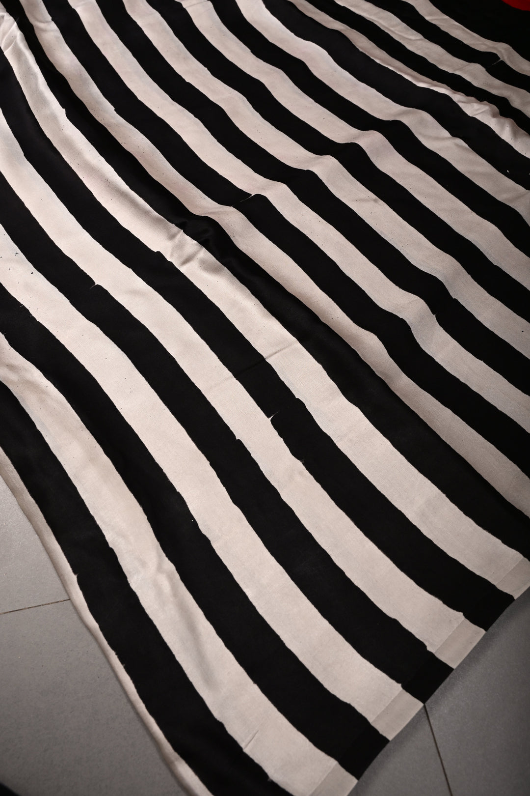 Black-White Ajrakh Hand Block Print on Modal Silk Saree with Vertical Stripes Pattern and Bandhni Pallu | SHOBITAM