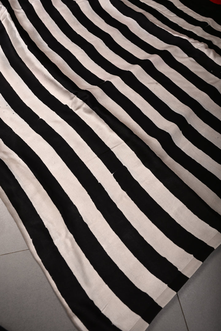 Black-White Ajrakh Hand Block Print on Modal Silk Saree with Vertical Stripes Pattern and Bandhni Pallu | SHOBITAM