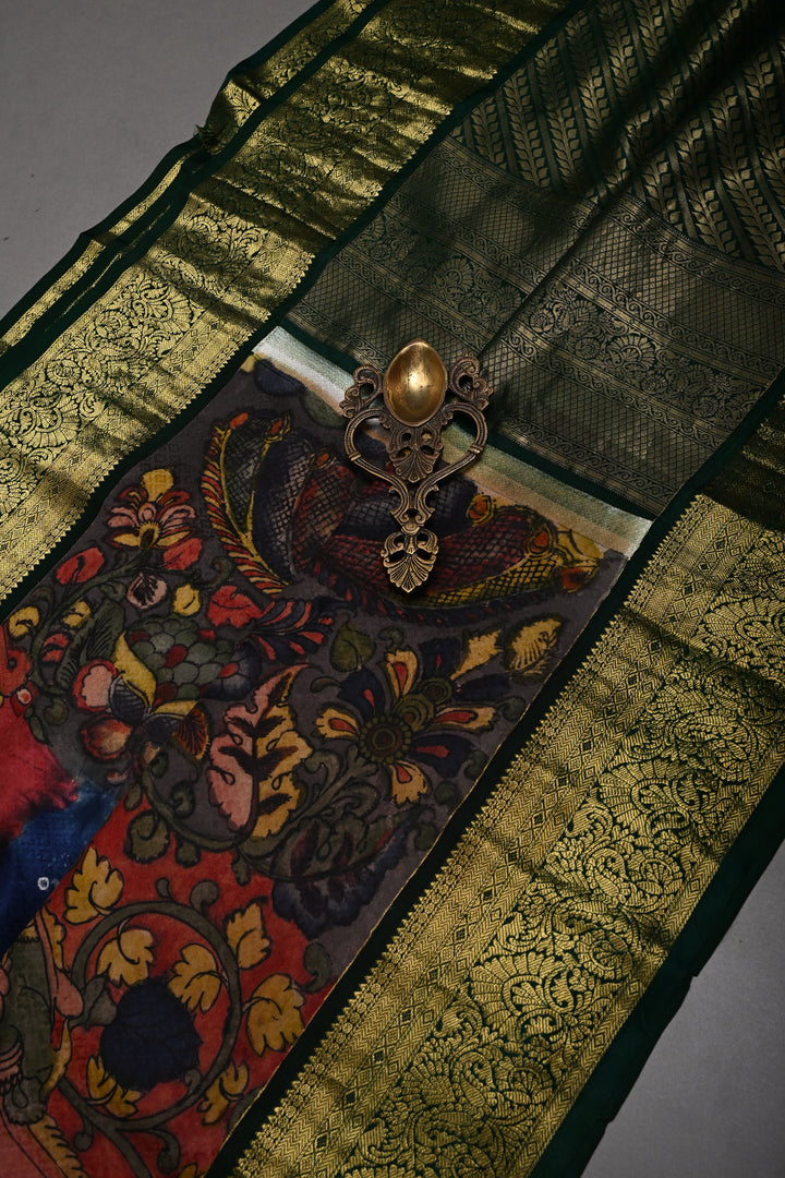Navy Blue Jacquard Weave Self Brocade on Pure Kanjivaram Silk Saree with Kalamkari Handpainted  Panel and Fushion Contrast Zari Border | SILK MARK CERTIFIED | SHOBITAM
