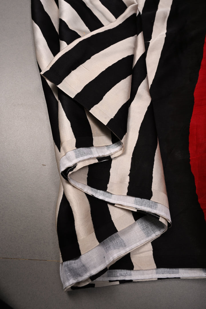 Black-White Ajrakh Hand Block Print on Modal Silk Saree with Vertical Stripes Pattern and Bandhni Pallu | SHOBITAM