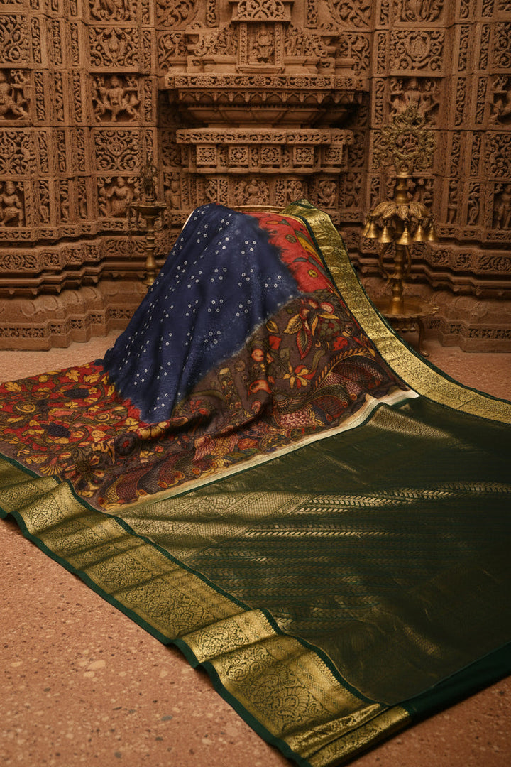 Navy Blue Jacquard Weave Self Brocade on Pure Kanjivaram Silk Saree with Kalamkari Handpainted  Panel and Fushion Contrast Zari Border | SILK MARK CERTIFIED | SHOBITAM