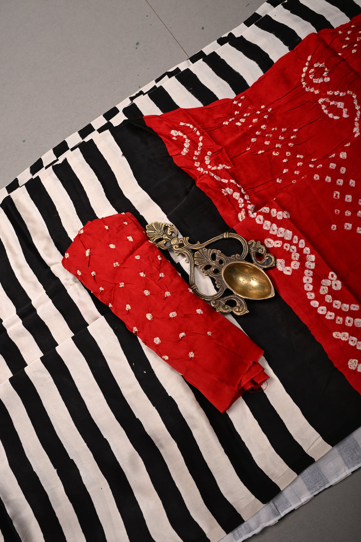 Black-White Ajrakh Hand Block Print on Modal Silk Saree with Vertical Stripes Pattern and Bandhni Pallu | SHOBITAM