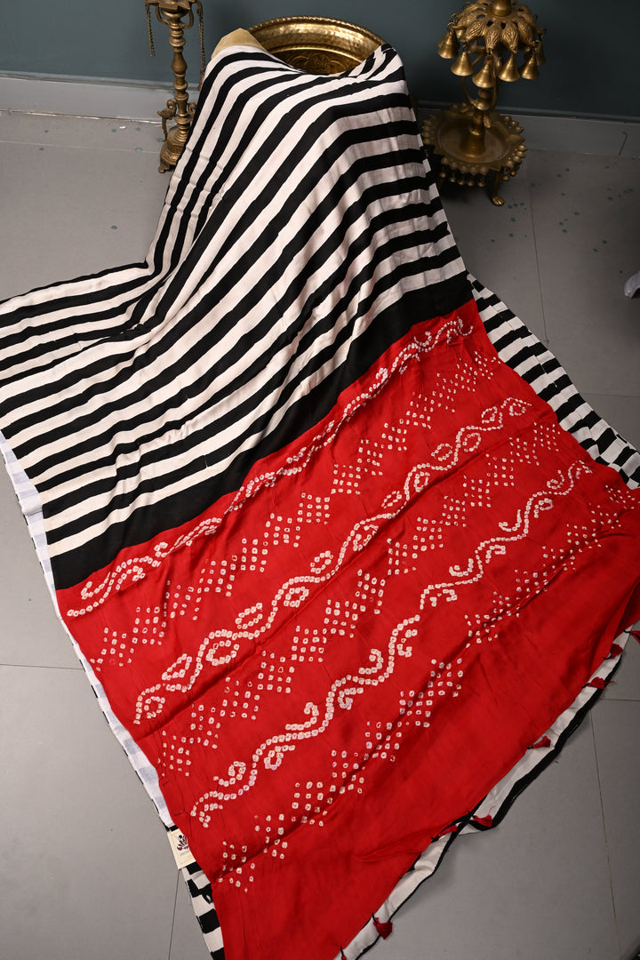 Black-White Ajrakh Hand Block Print on Modal Silk Saree with Vertical Stripes Pattern and Bandhni Pallu | SHOBITAM