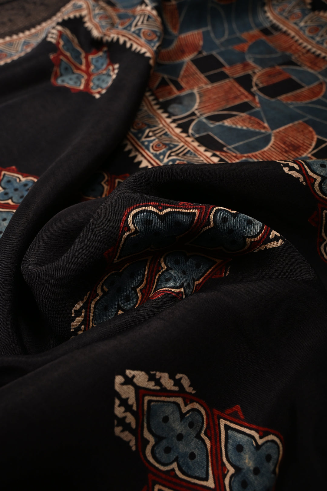 Black Ajrakh Hand Block Print on Dola Silk Saree with Fancy Zari Border | SHOBITAM
